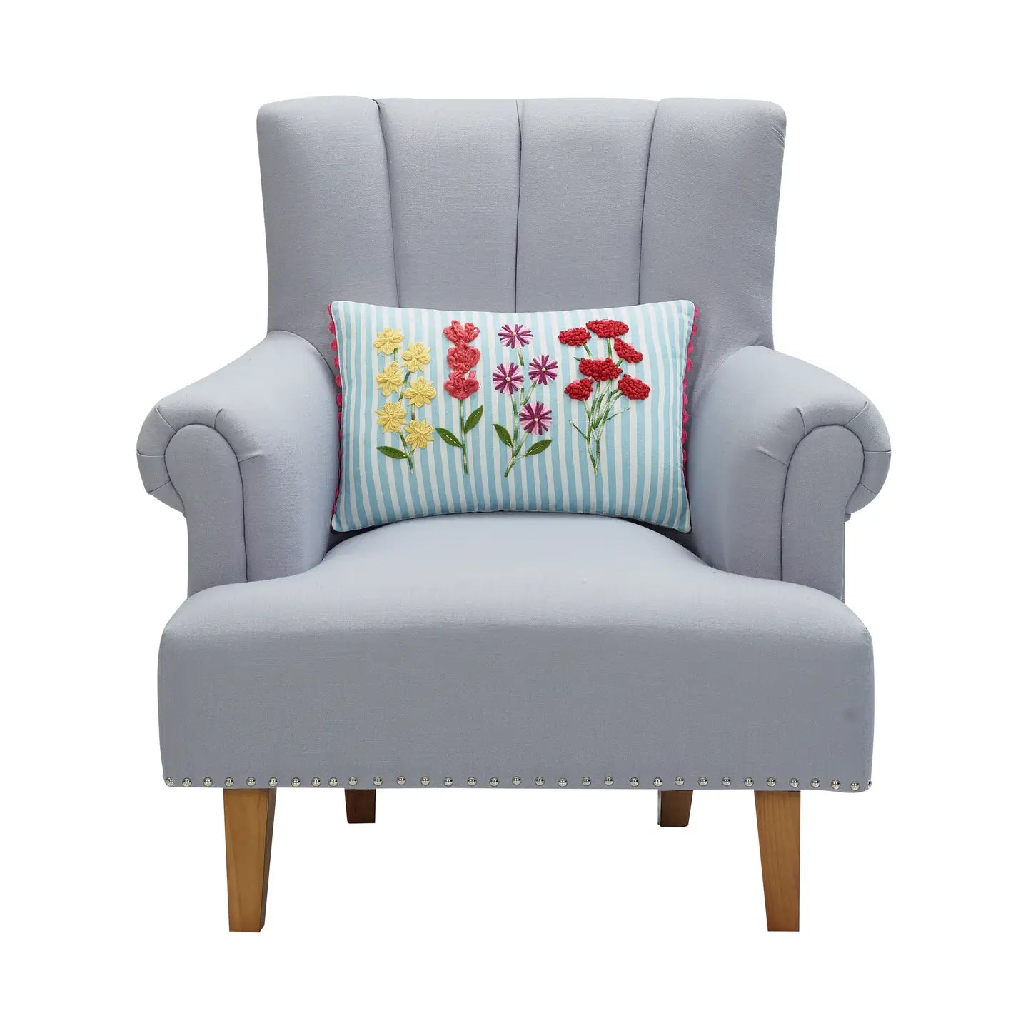 Blue Stripe Floral Oblong Embroidered Pillow