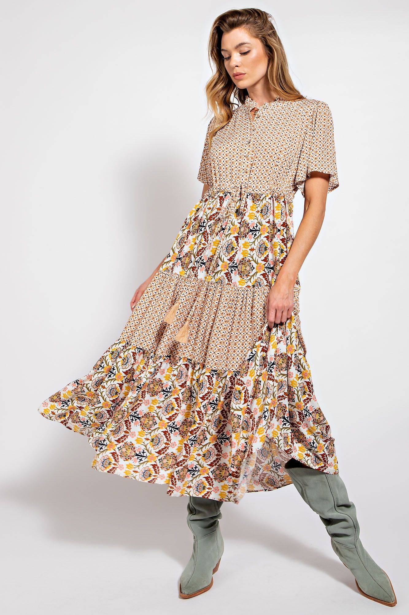 Easel Short Sleeve Mix Print Dress