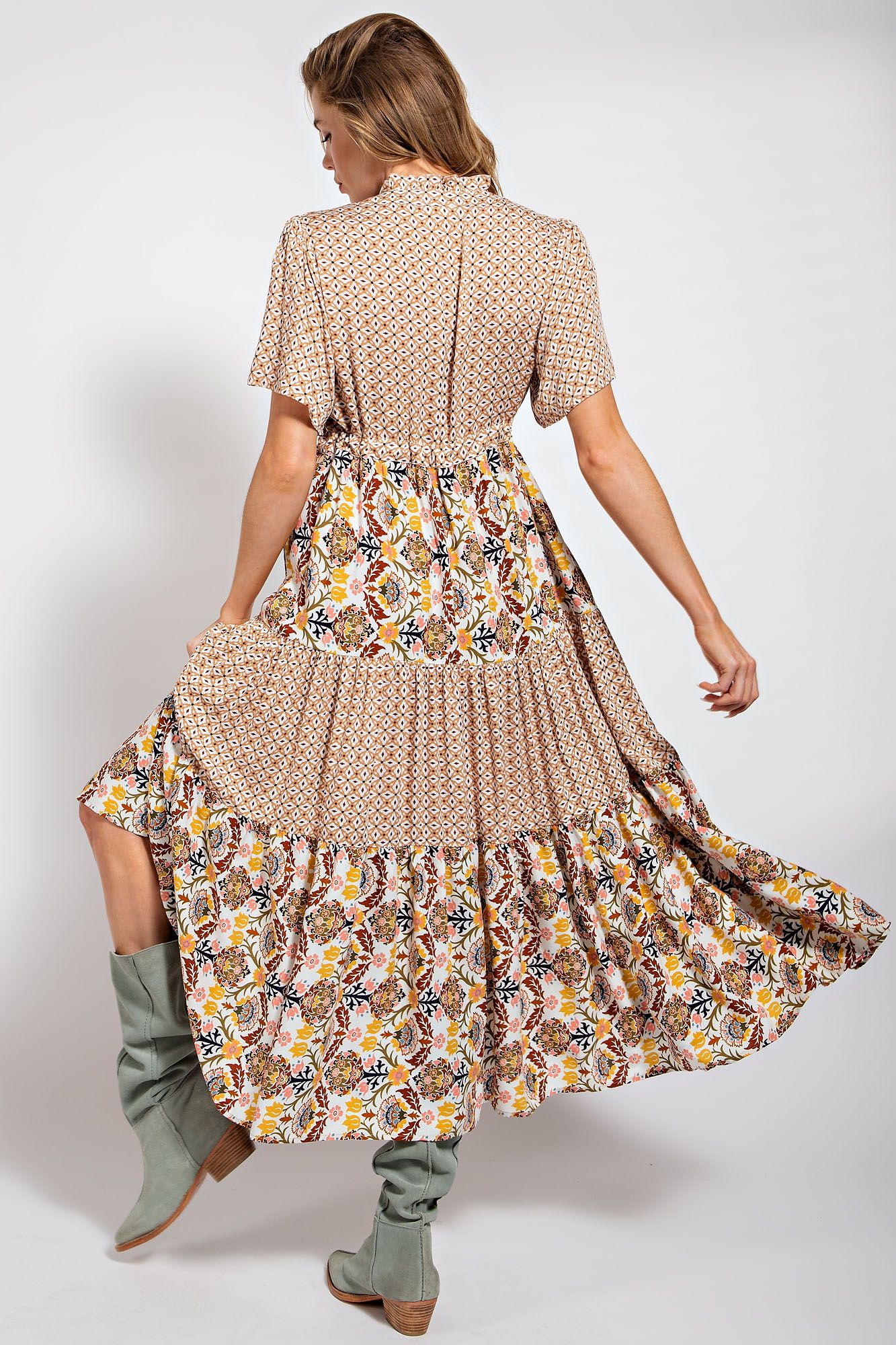 Easel Short Sleeve Mix Print Dress