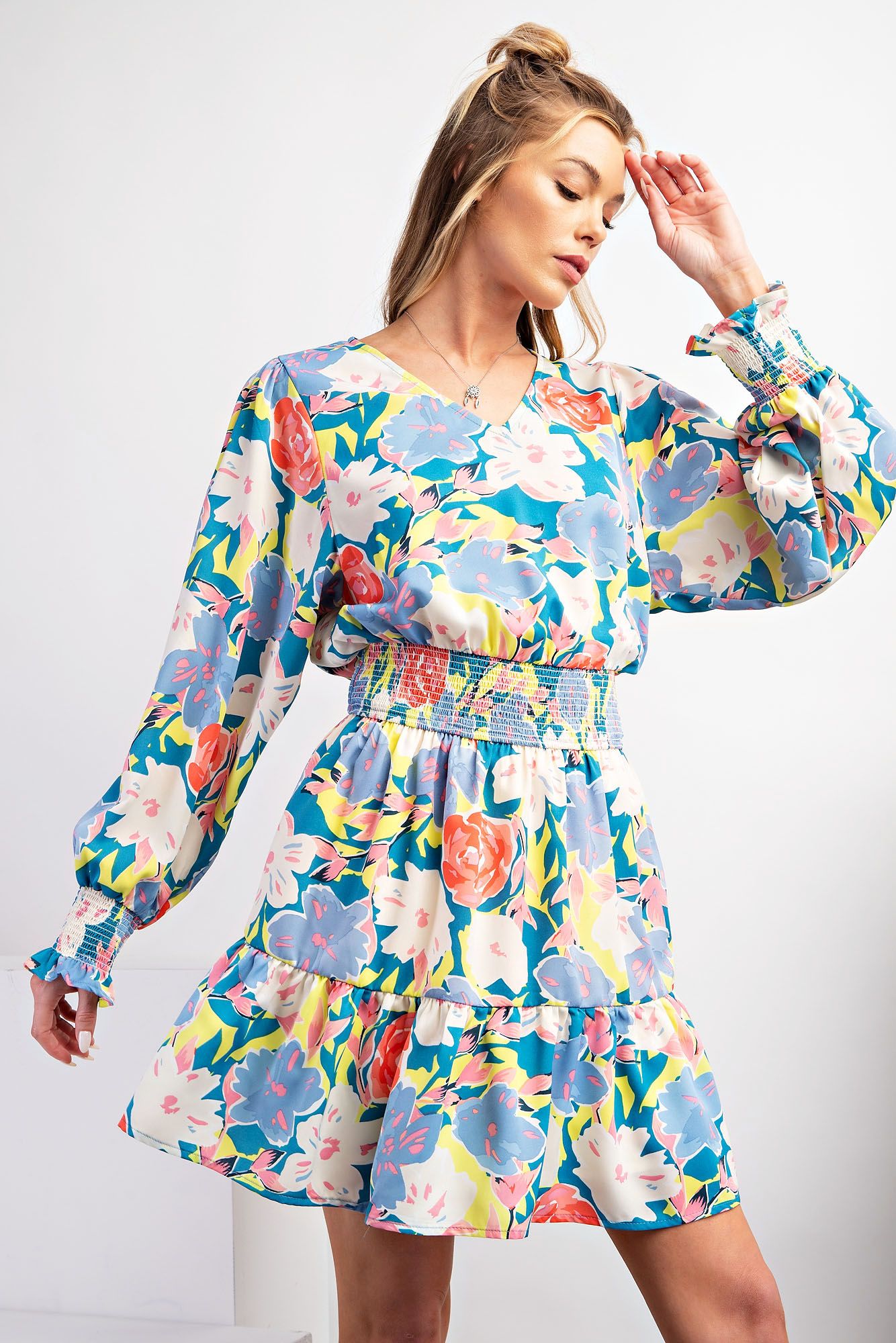 Easel Floral Printed Smocked Waist Dress