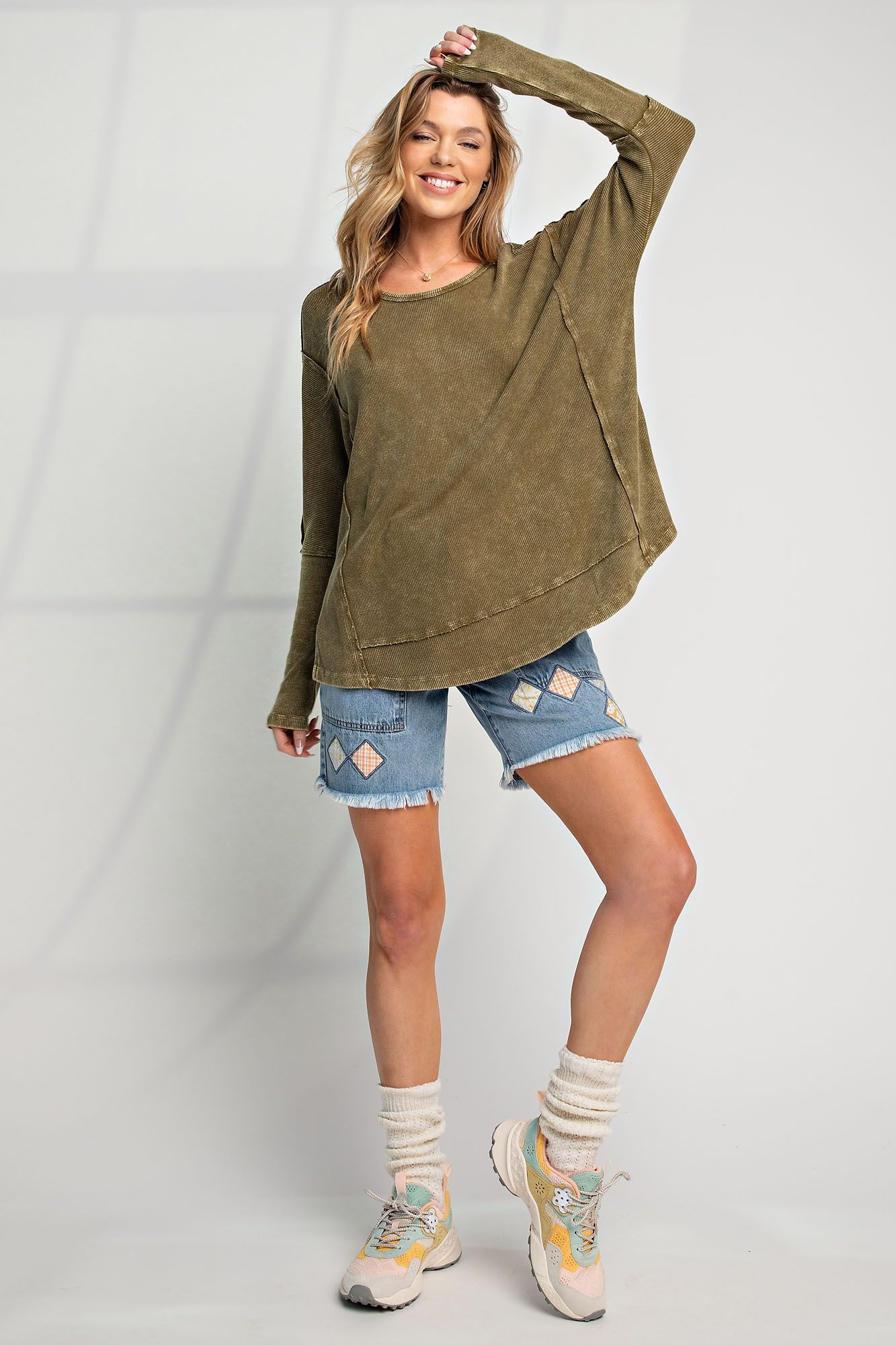 Easel Mineral Washed Rayon Rib Knit Top