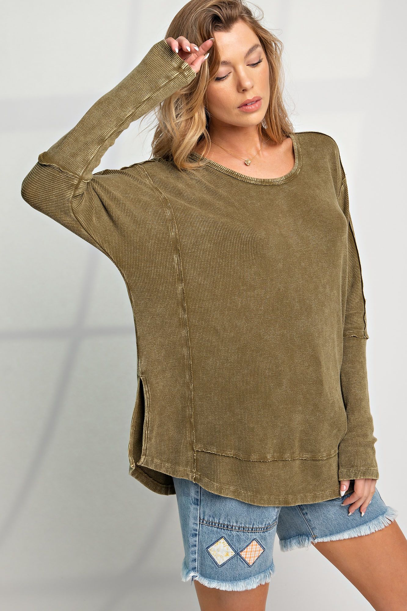 Easel Mineral Washed Rayon Rib Knit Top