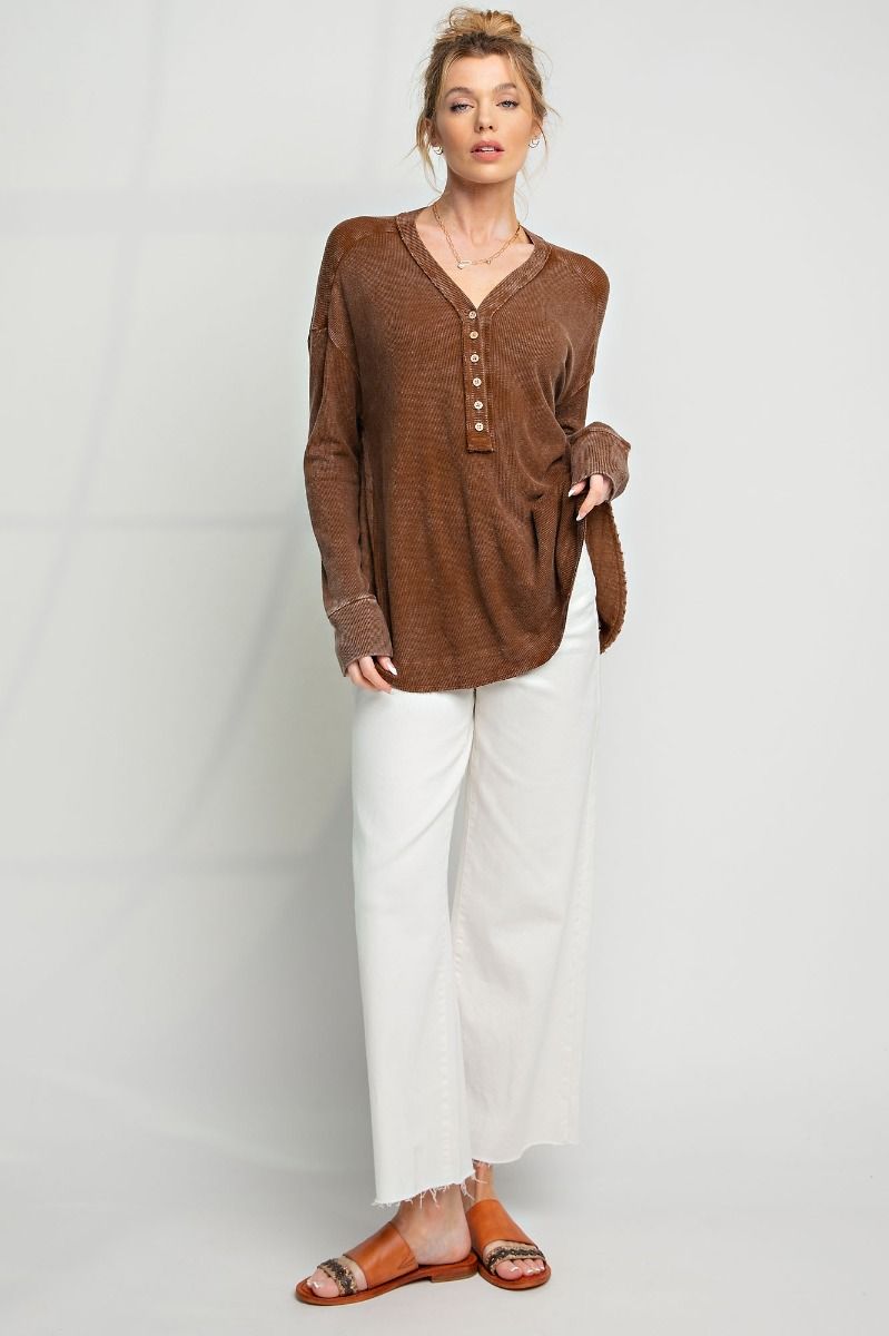 Easel Mineral Washed Thermal Henley Knit Top