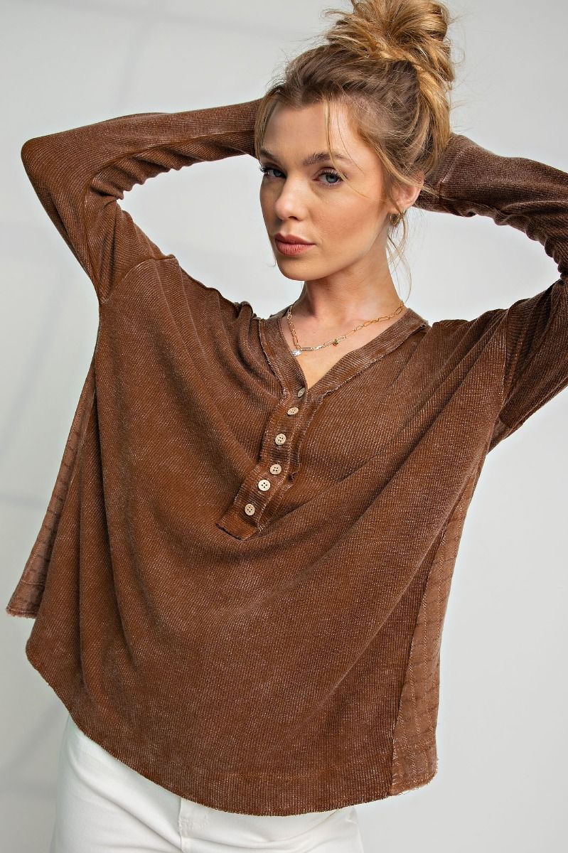 Easel Mineral Washed Thermal Henley Knit Top