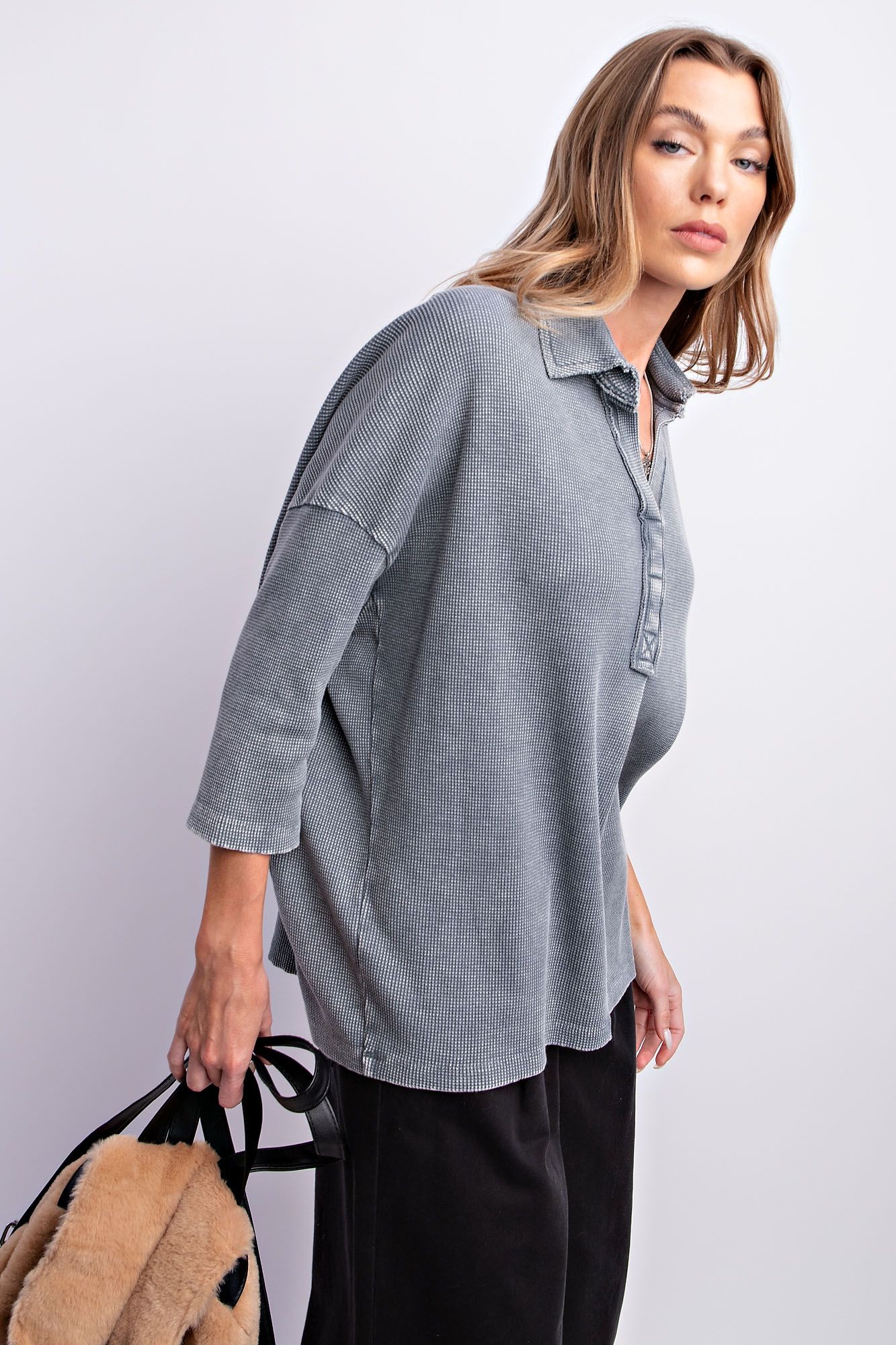 Easel Washed Thermal Boxy Top Denim Blue