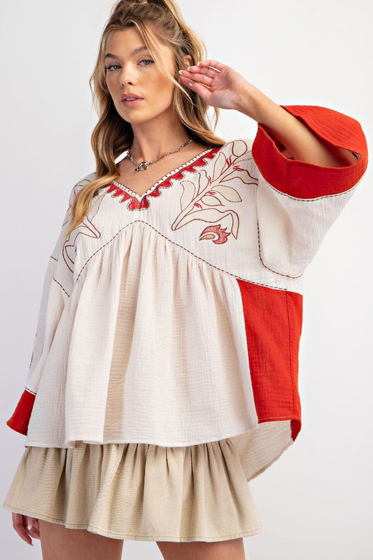 Easel Embroidered Babydoll Top