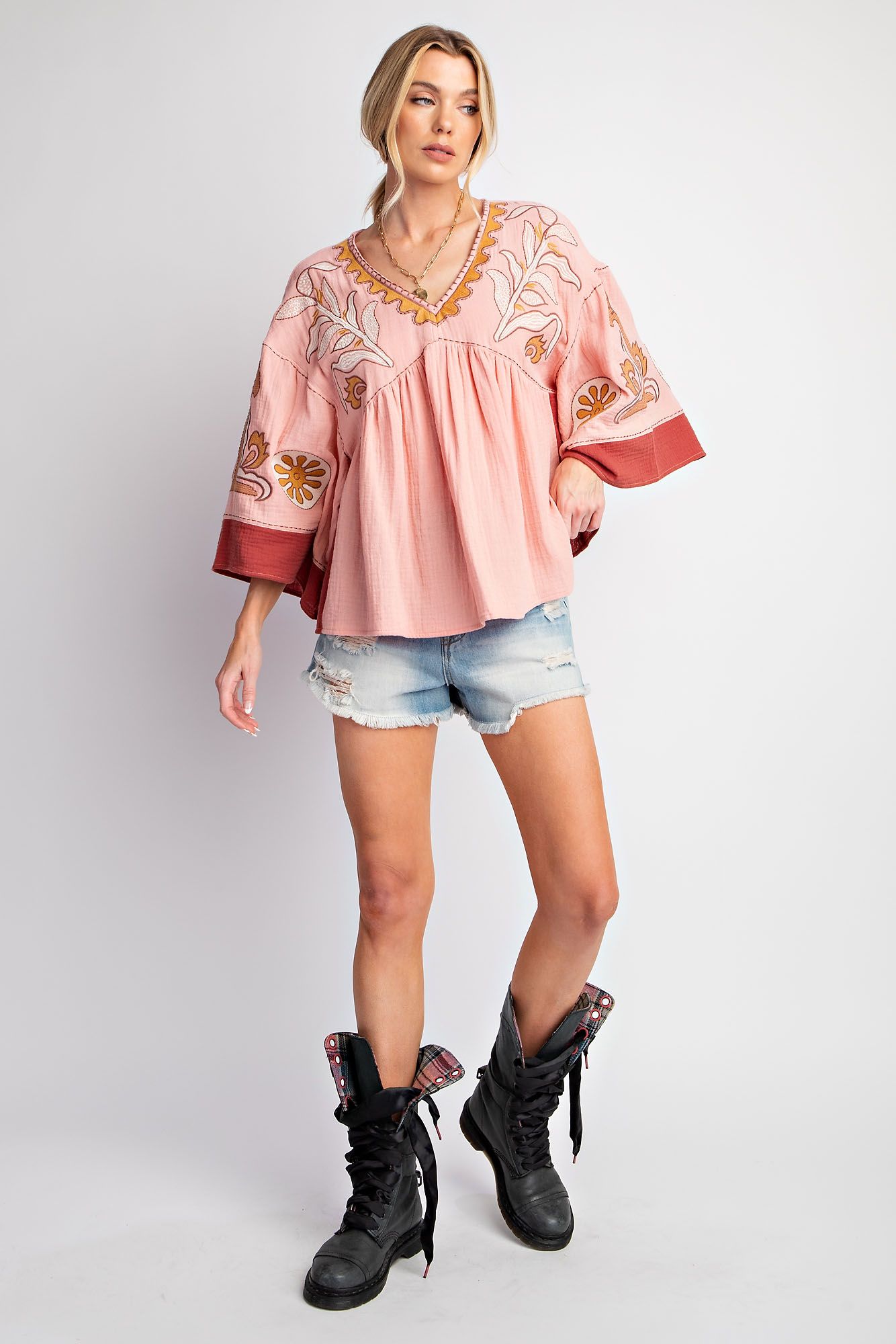 Easel Embroidered Babydoll Top