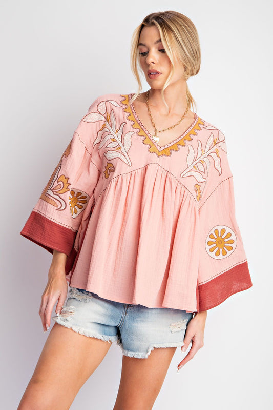 Easel Embroidered Babydoll Top