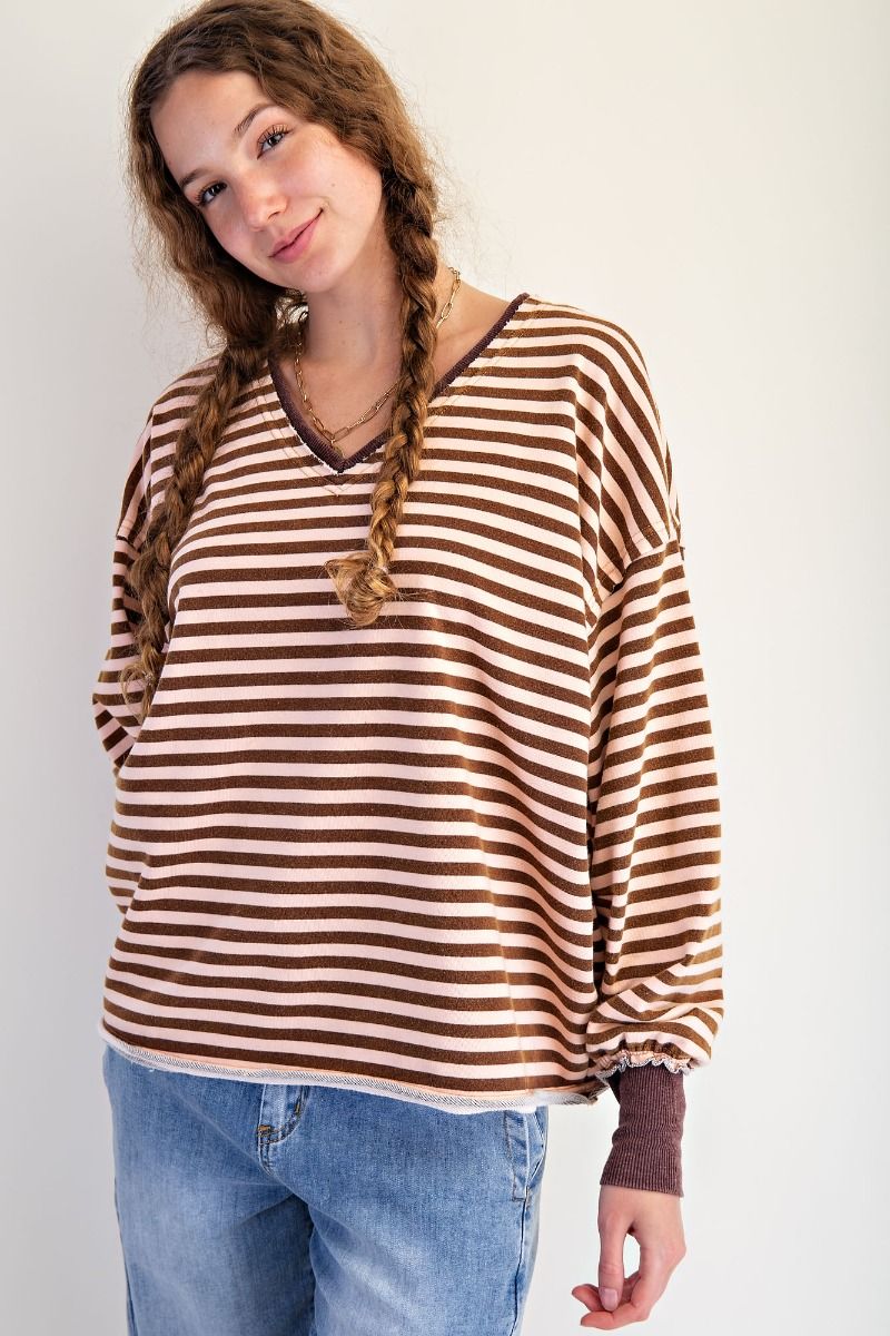 Easel Striped Washed Terry Pullover