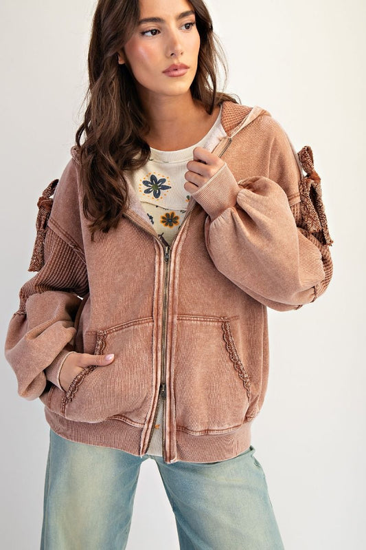 Easel Washed Terry Knit Zip Up Hoodie Jacket