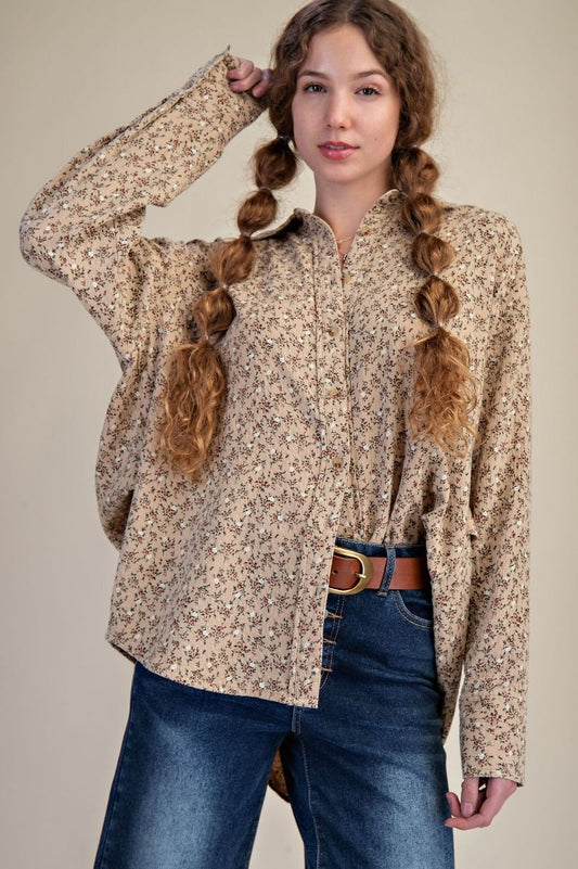Easel Floral Printed Washed Gauze Shirt