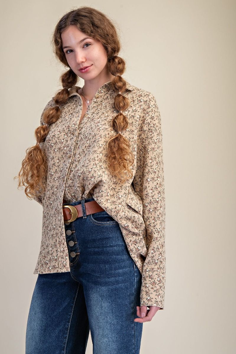Easel Floral Printed Washed Gauze Shirt