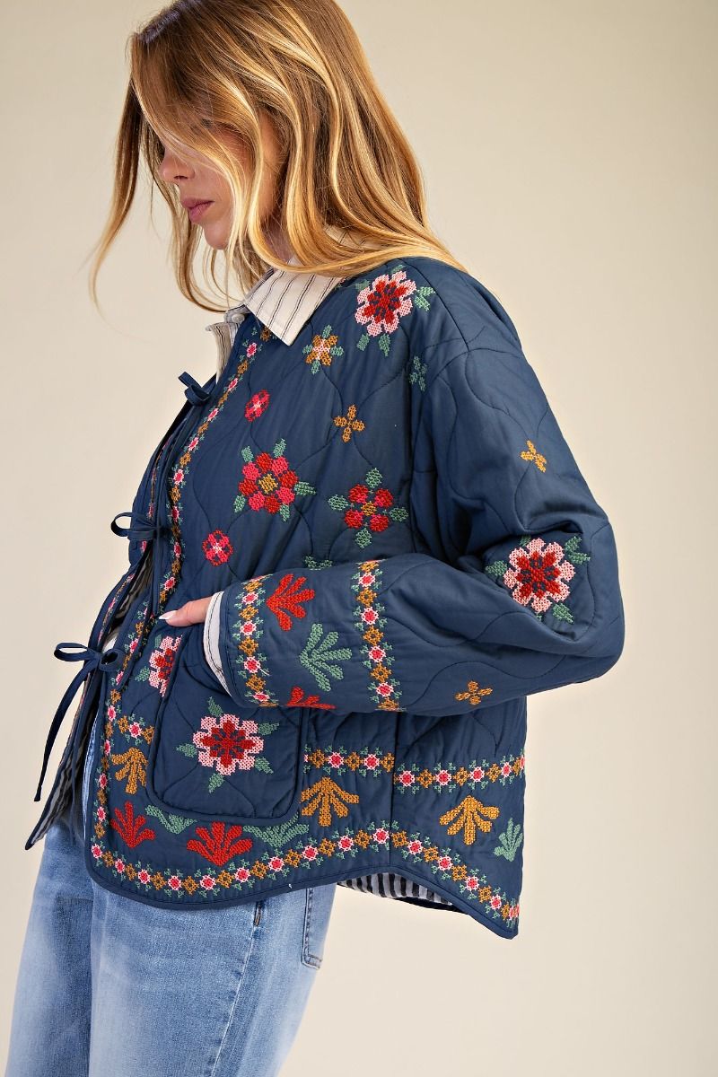 Easel Embroidery Quilted Bow Front Jacket