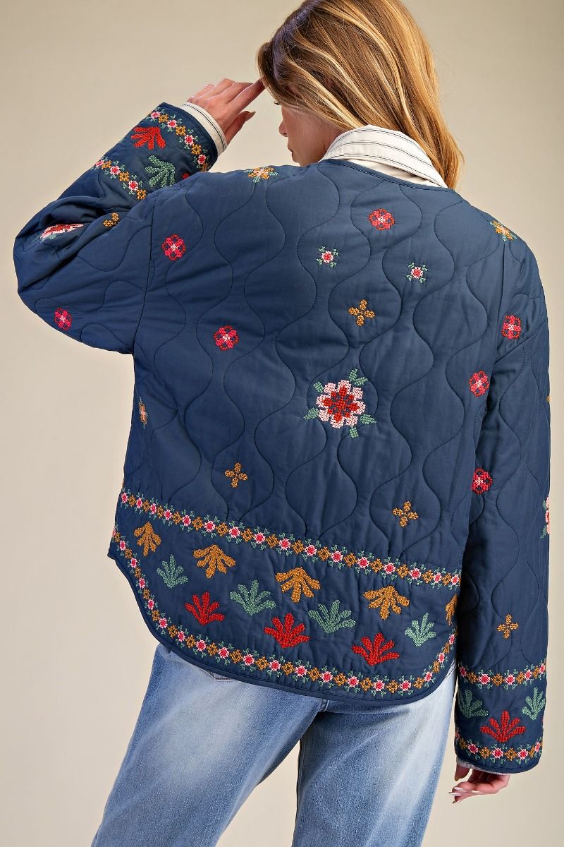 Easel Embroidery Quilted Bow Front Jacket