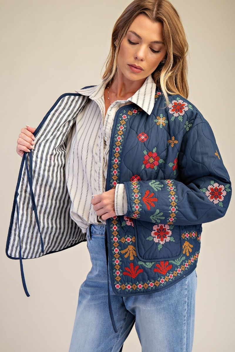 Easel Embroidery Quilted Bow Front Jacket