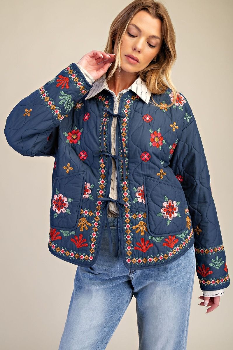 Easel Embroidery Quilted Bow Front Jacket