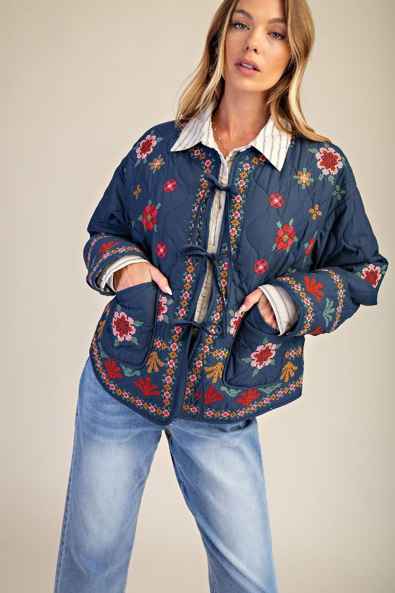 Easel Embroidery Quilted Bow Front Jacket