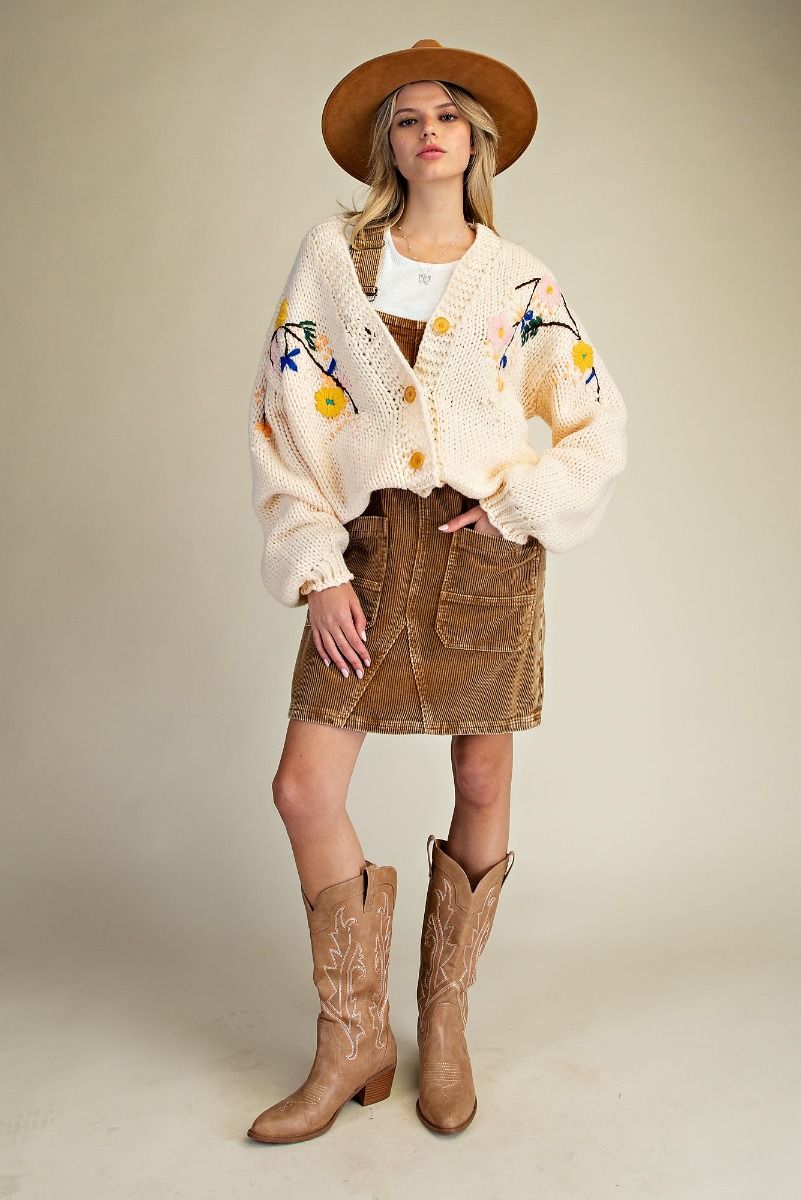 Easel Floral Embroidery Knitted Sweater Cardigan