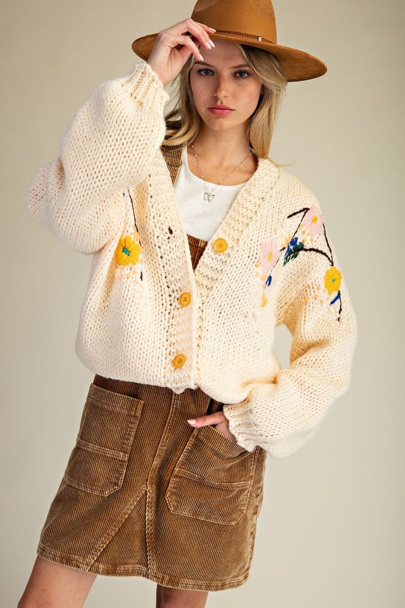 Easel Floral Embroidery Knitted Sweater Cardigan
