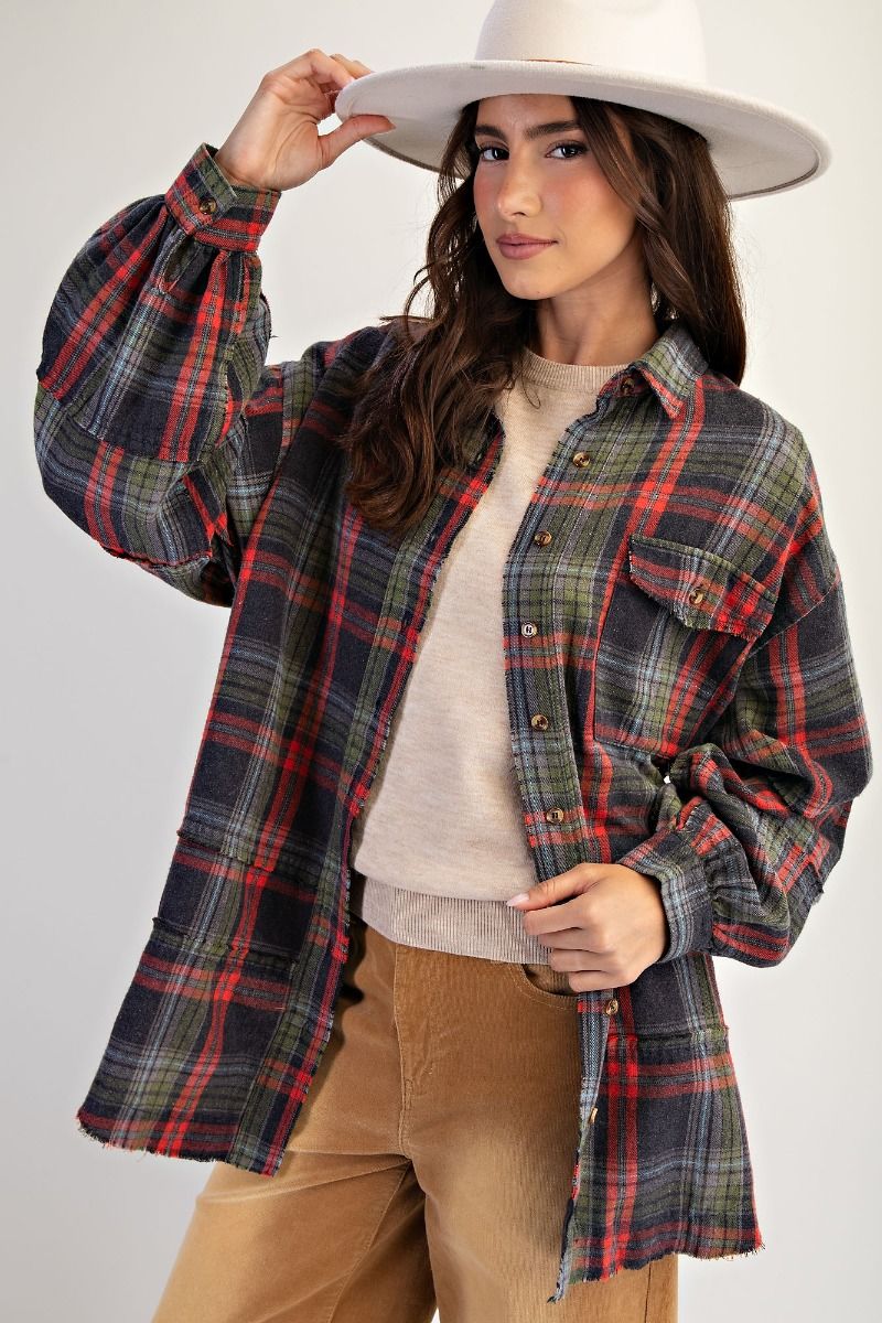 Easel Washed Plaid Shirt Tunic