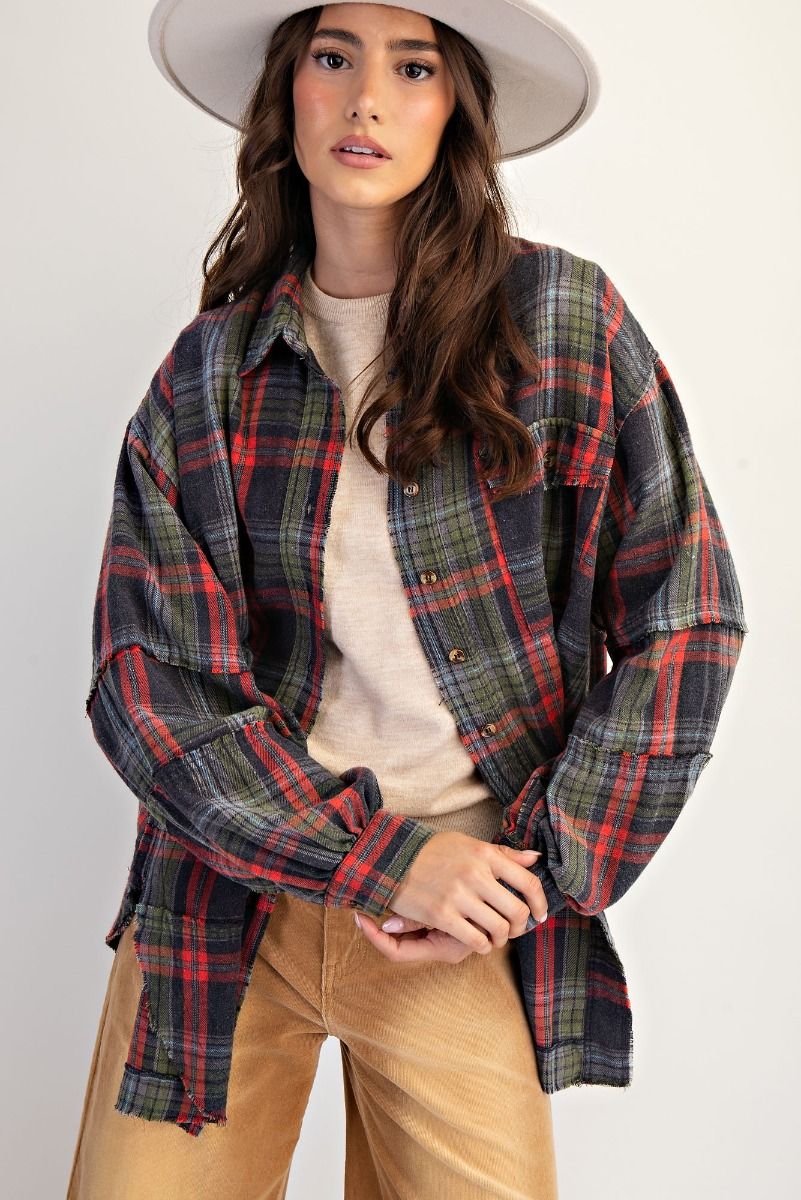 Easel Washed Plaid Shirt Tunic