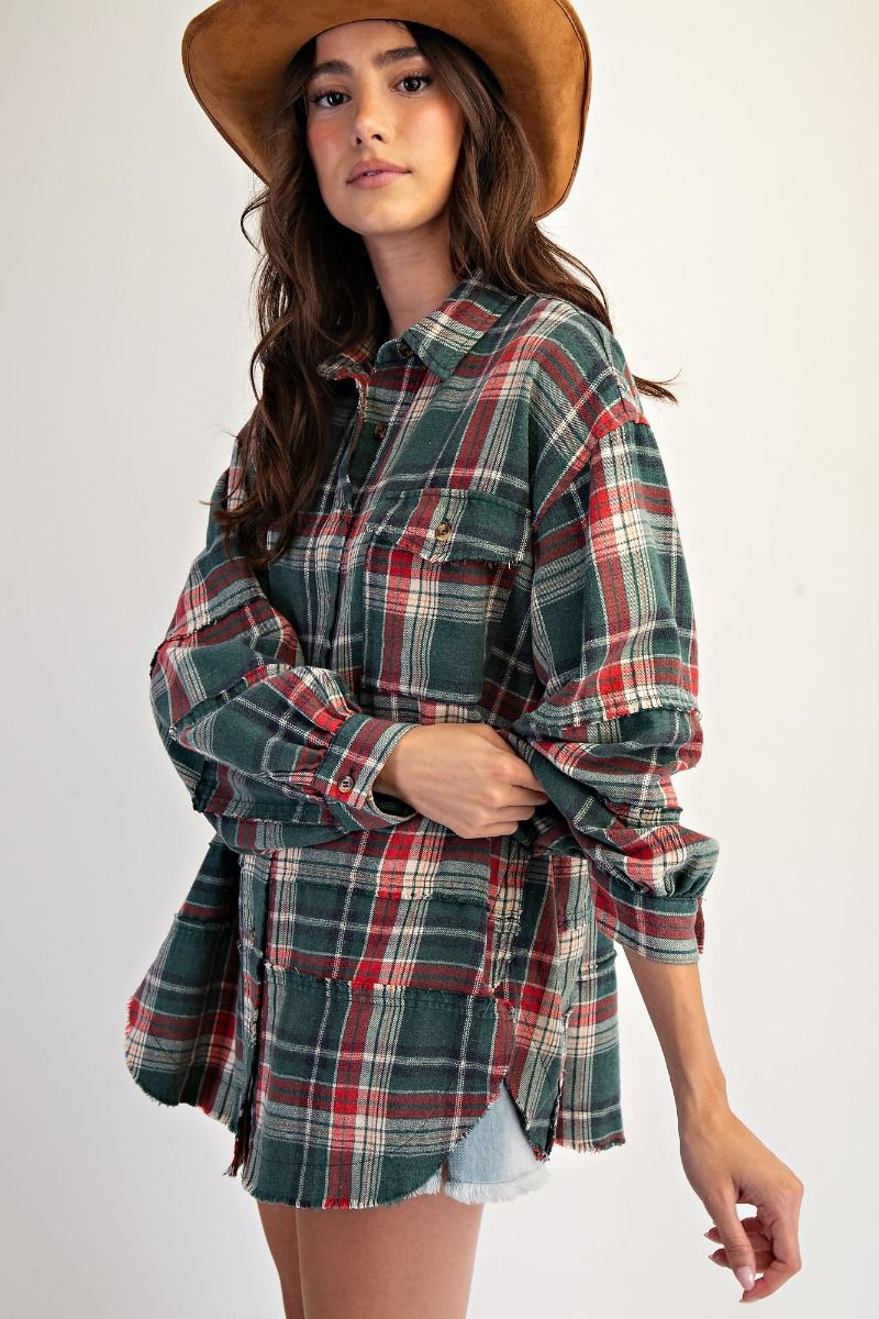 Easel Washed Plaid Shirt Tunic