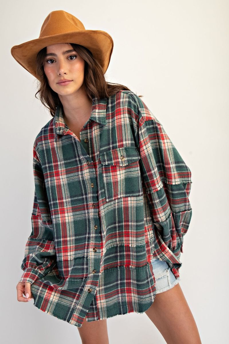 Easel Washed Plaid Shirt Tunic