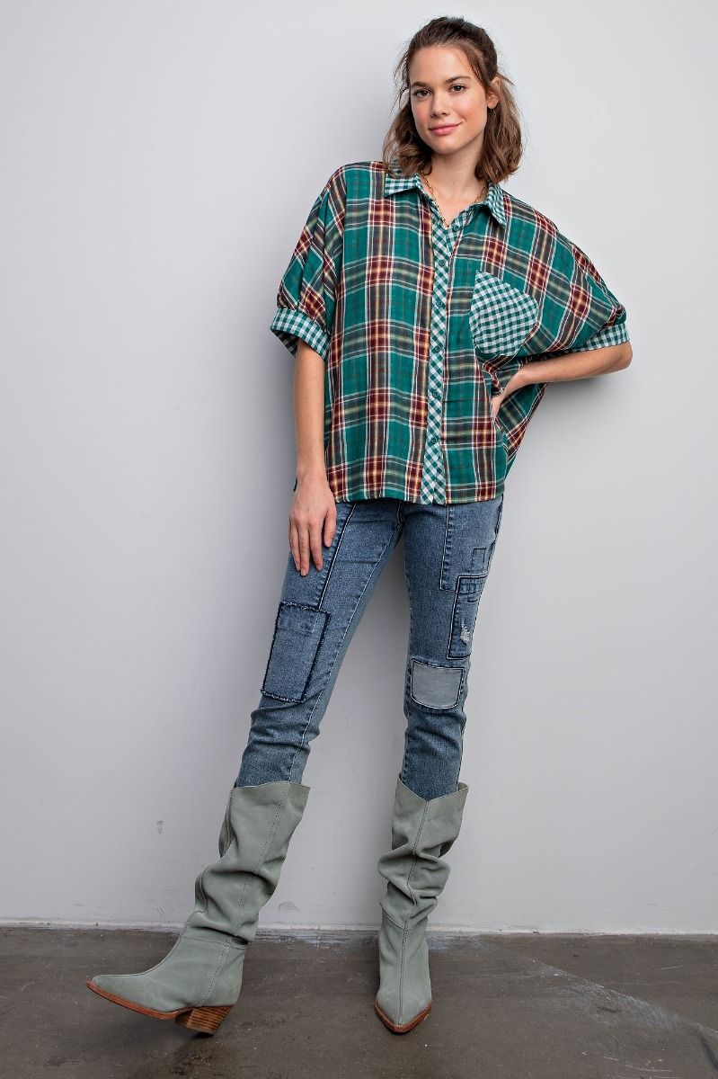 Easel Plaid Mix Oversized Button Down Shirt