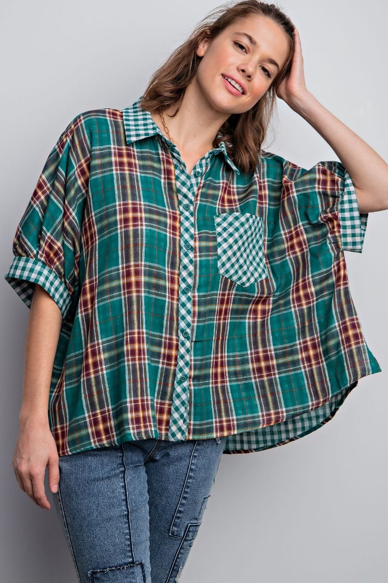 Easel Plaid Mix Oversized Button Down Shirt