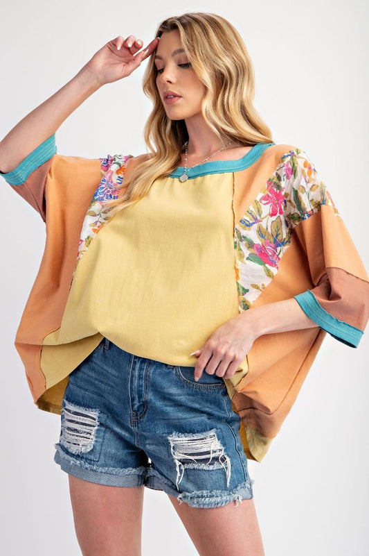 Easel Print Mix Color Block Knit Top