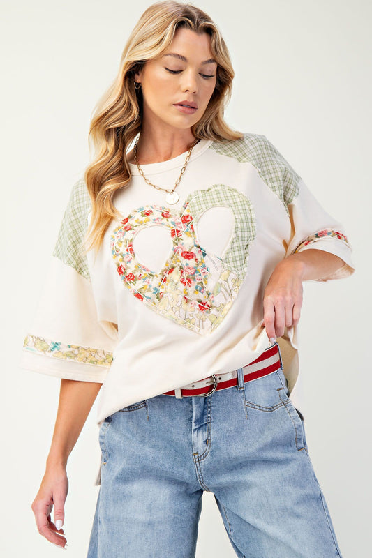 Easel Heart Patch Soft Washed Terry Knit Top