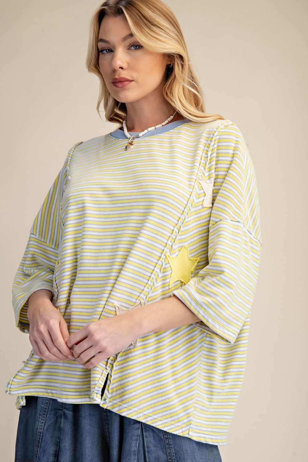 Easel  Striped Star Patch Detailing Washed Top