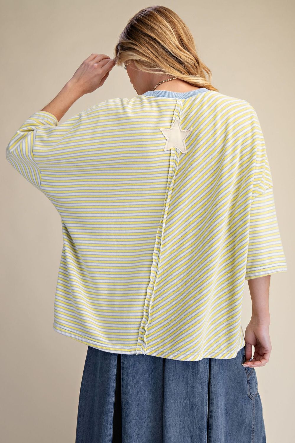 Easel  Striped Star Patch Detailing Washed Top