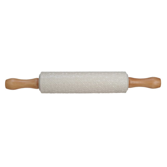 Embossed Stoneware Rolling Pin With Pattern & Wood Handles