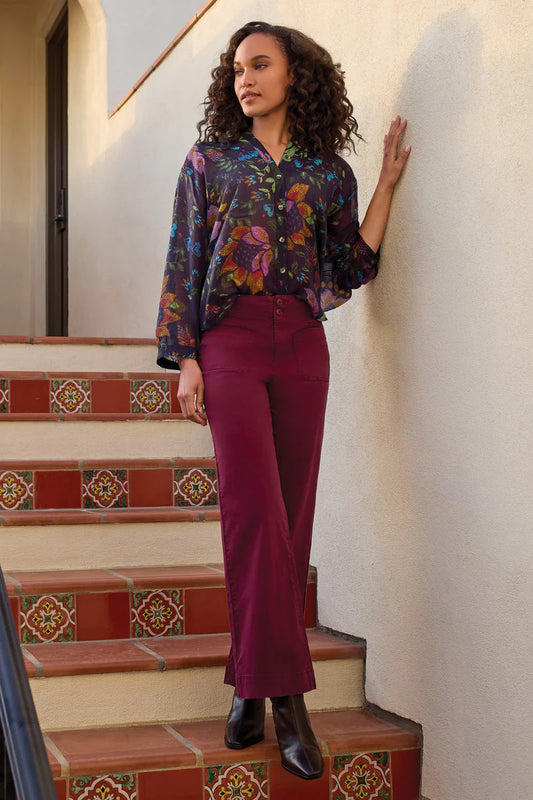 Tribal Flowy Dolman Sleeve Blouse With Self-Covering Buttons