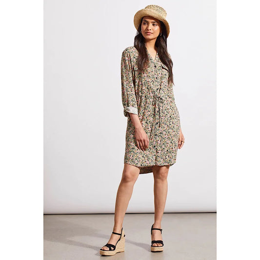 Tribal Floral Roll Up Sleeve Dress with Drawstring Waist