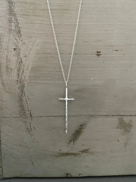 Sterling Silver Hammered Long Cross Necklace