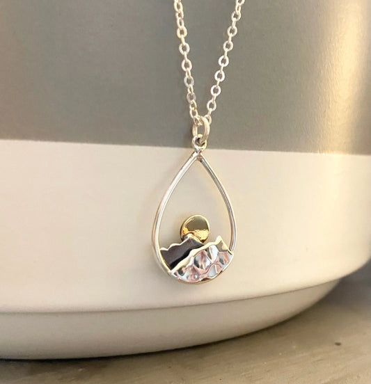 Ocean Mountain Sunrise Tear Shape Mixed Metals Necklace