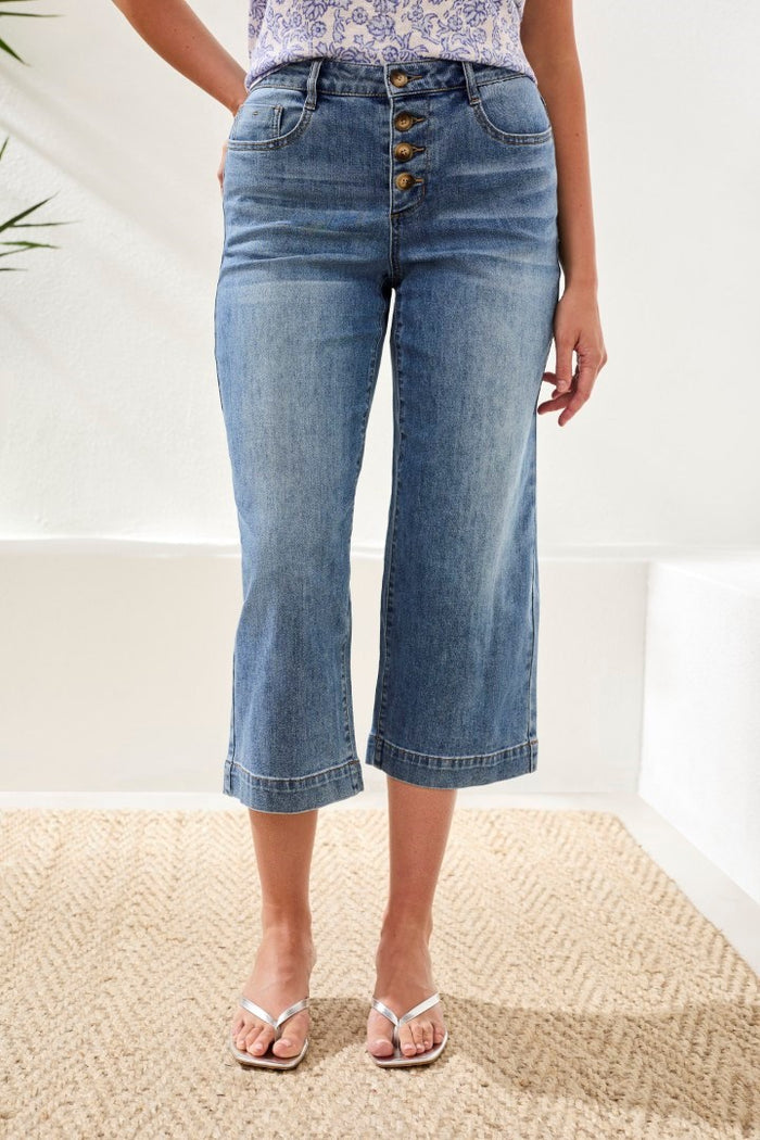 Tribal Audrey Button Fly Wide Crop Denim Jeans
