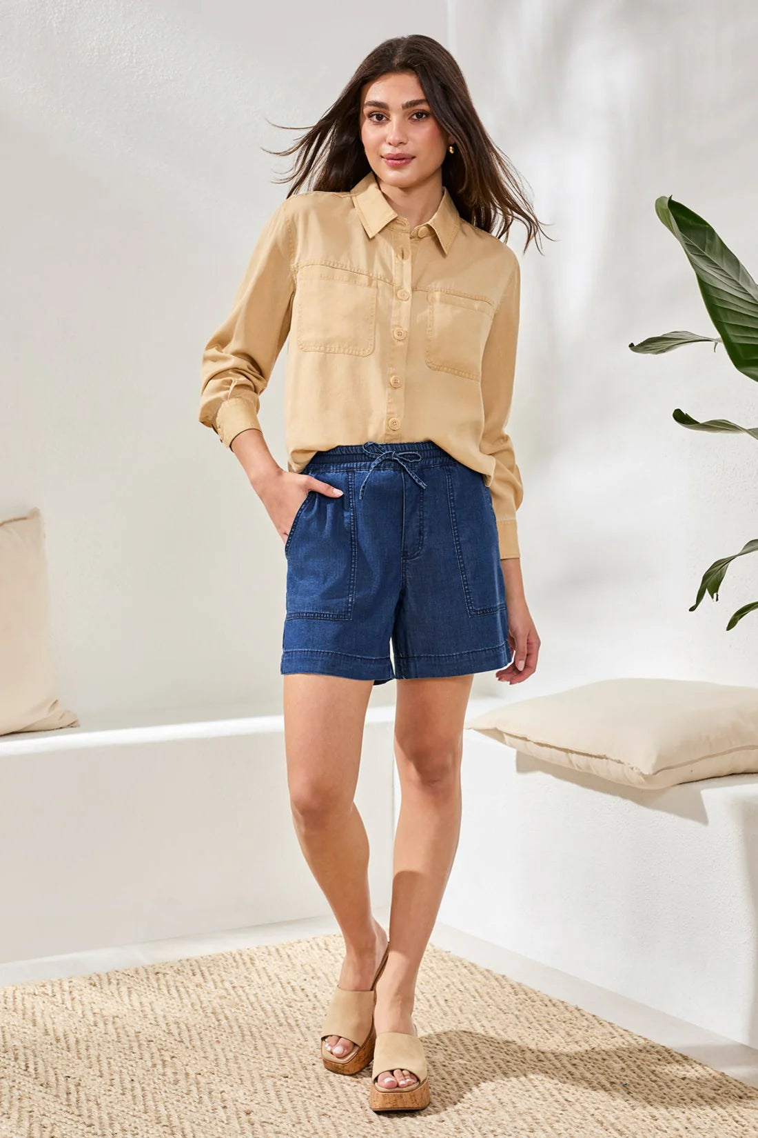 Tribal Soft Drape Denim Audrey Flowy Shorts With Elastic Waist