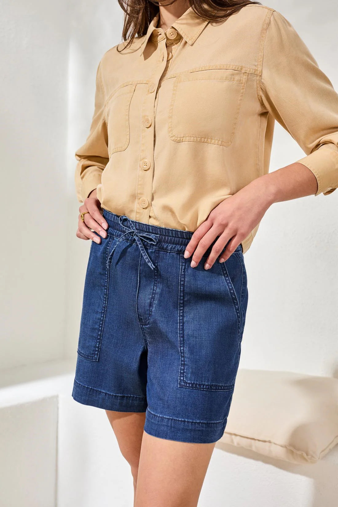 Tribal Soft Drape Denim Audrey Flowy Shorts With Elastic Waist