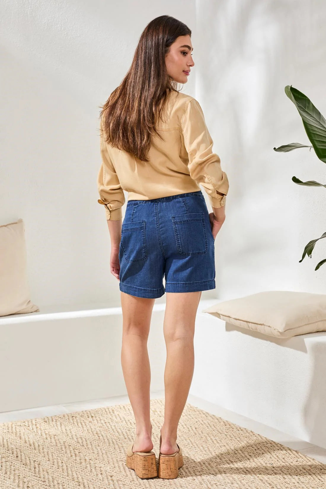 Tribal Soft Drape Denim Audrey Flowy Shorts With Elastic Waist