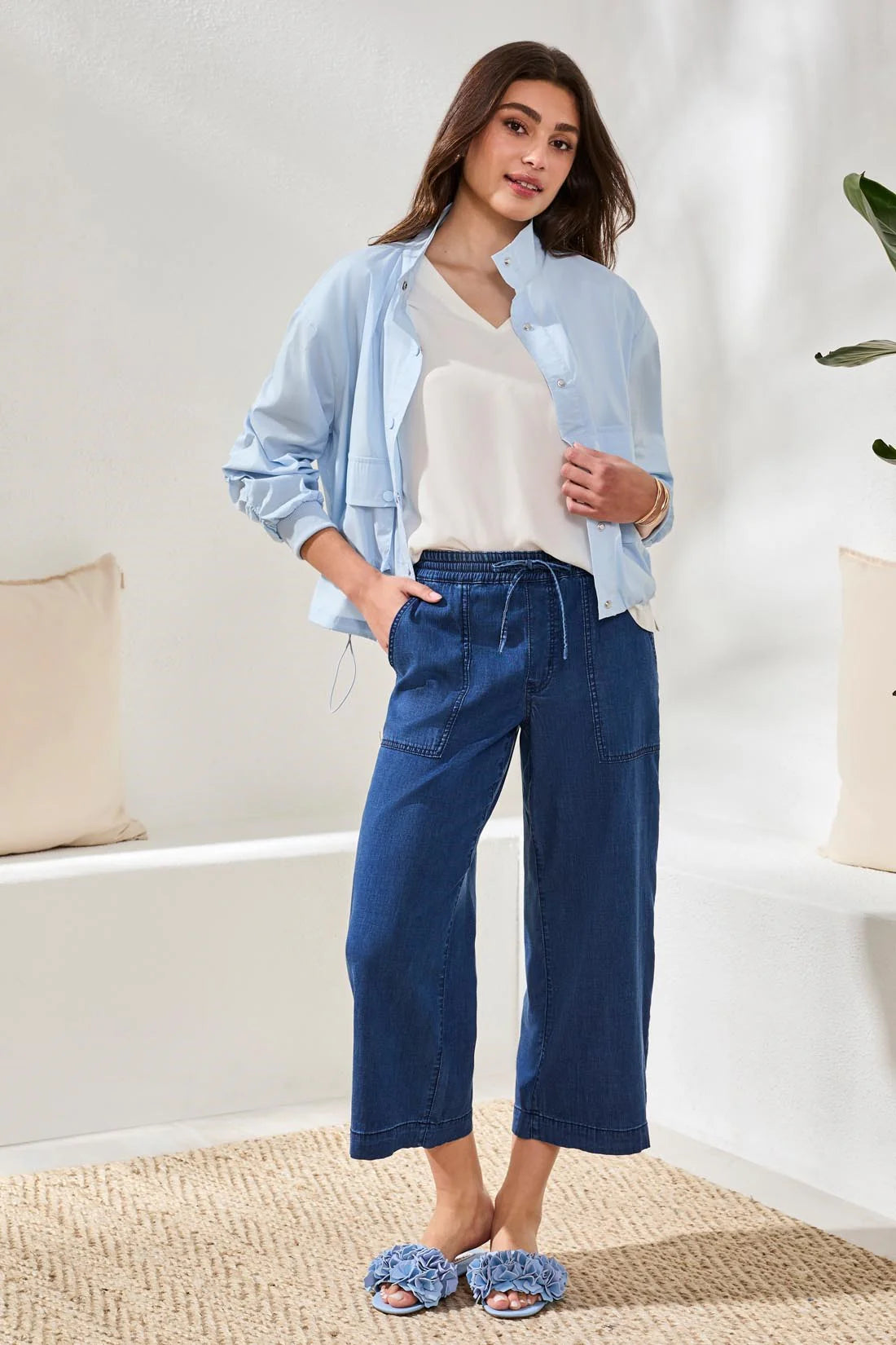 Tribal Soft Drape Denim Audrey Wide-Leg Joggers With Elastic Waist