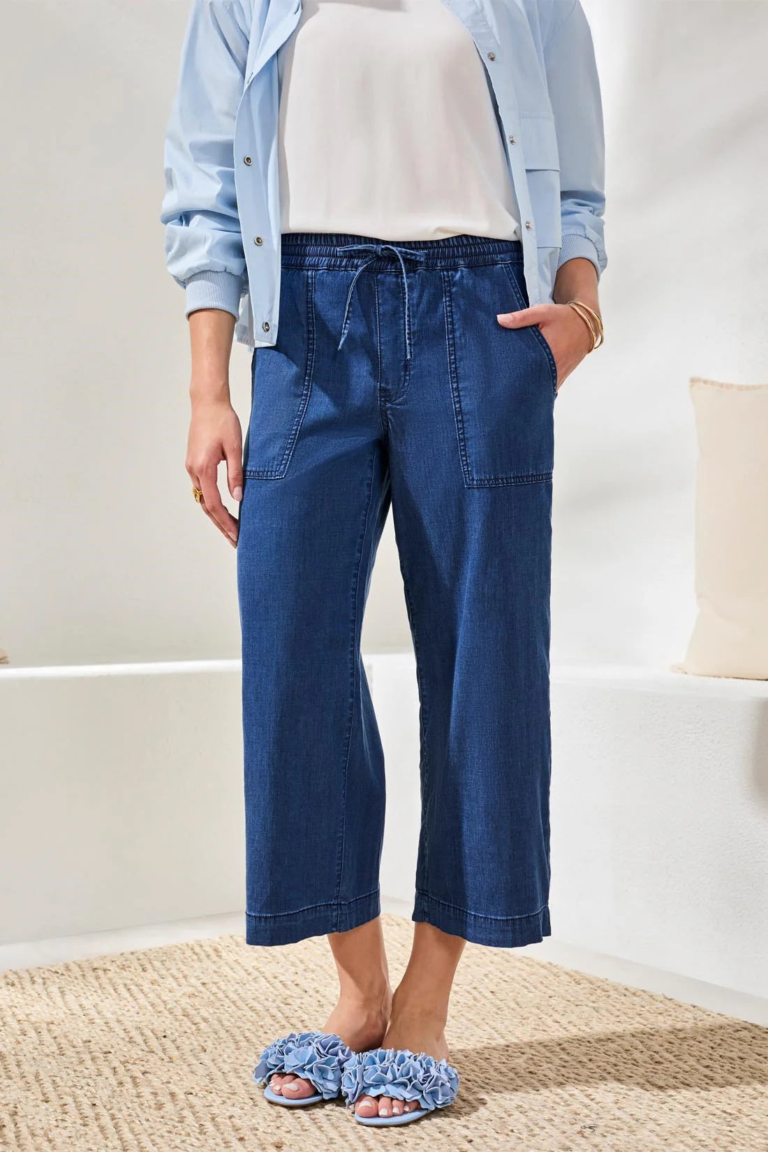 Tribal Soft Drape Denim Audrey Wide-Leg Joggers With Elastic Waist