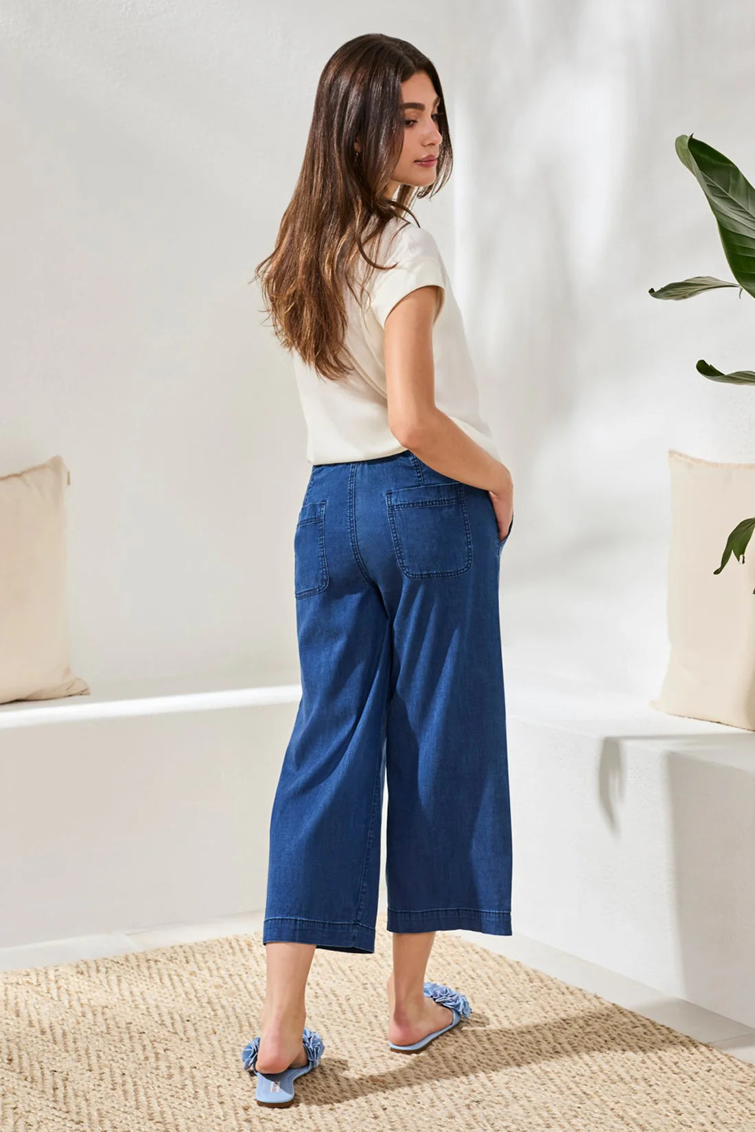 Tribal Soft Drape Denim Audrey Wide-Leg Joggers With Elastic Waist