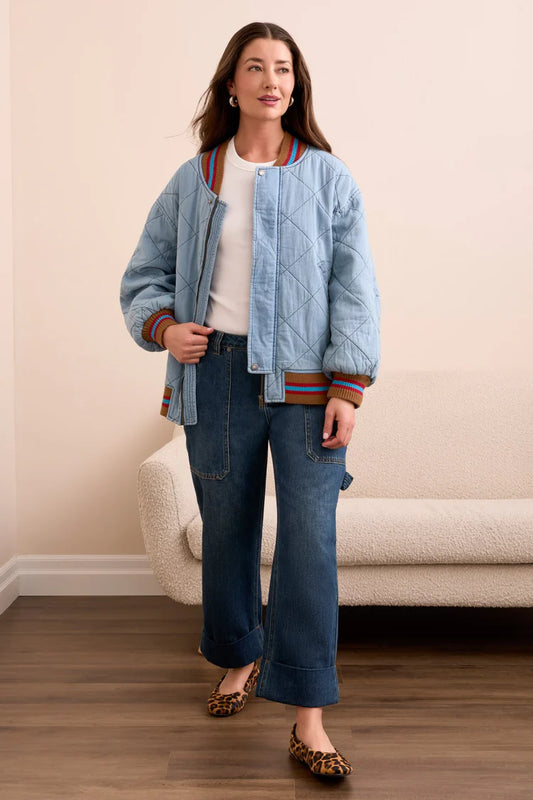 Tribal Blue Thread Oversized Cotton Quilted Bomber Jacket
