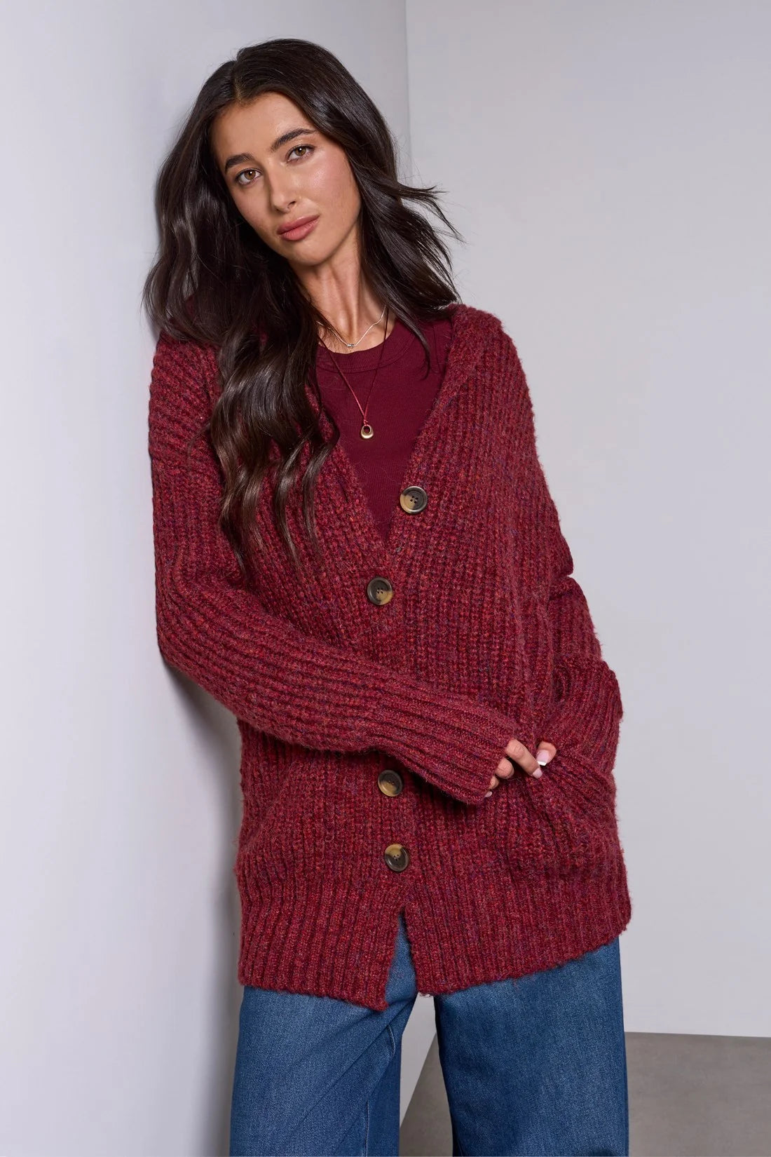 Tribal Blue Thread Oversized Ribbed Knit Cardigan