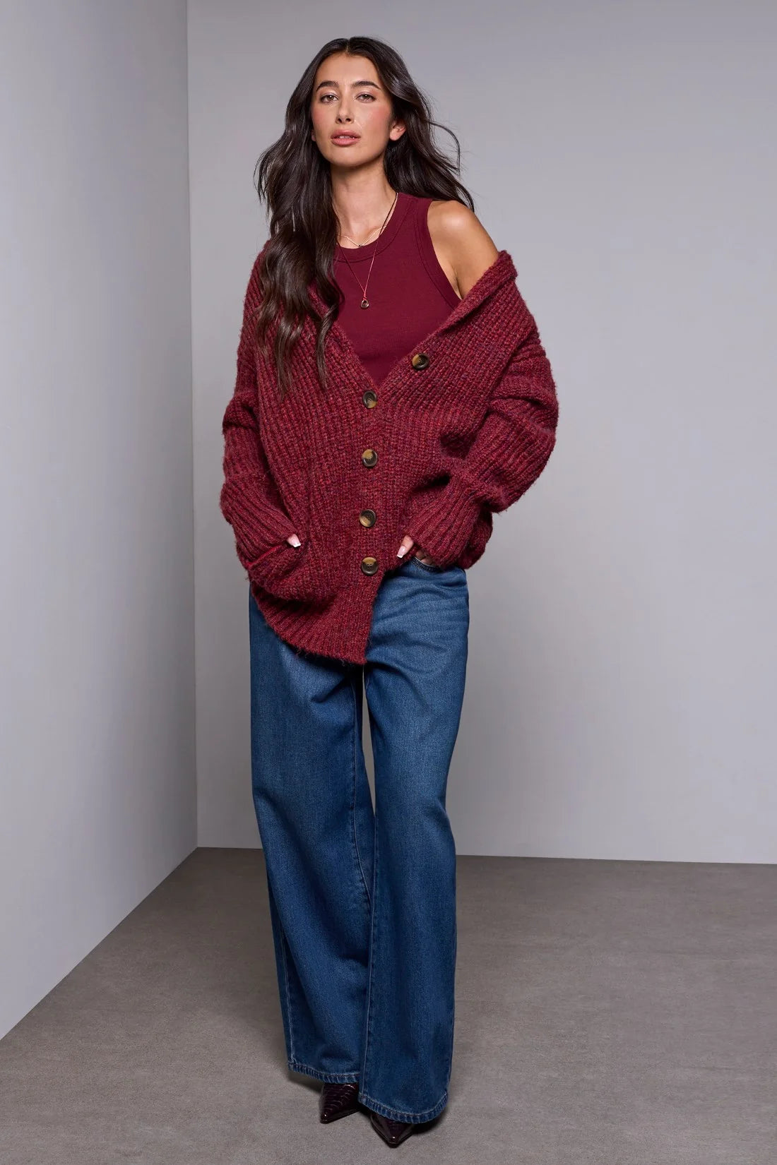 Tribal Blue Thread Oversized Ribbed Knit Cardigan