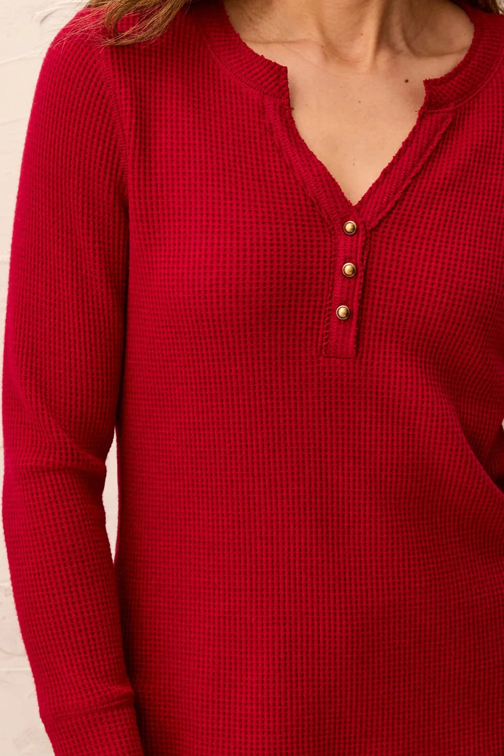 Tribal Brushed Waffle Knit Henley Long Sleeve Top