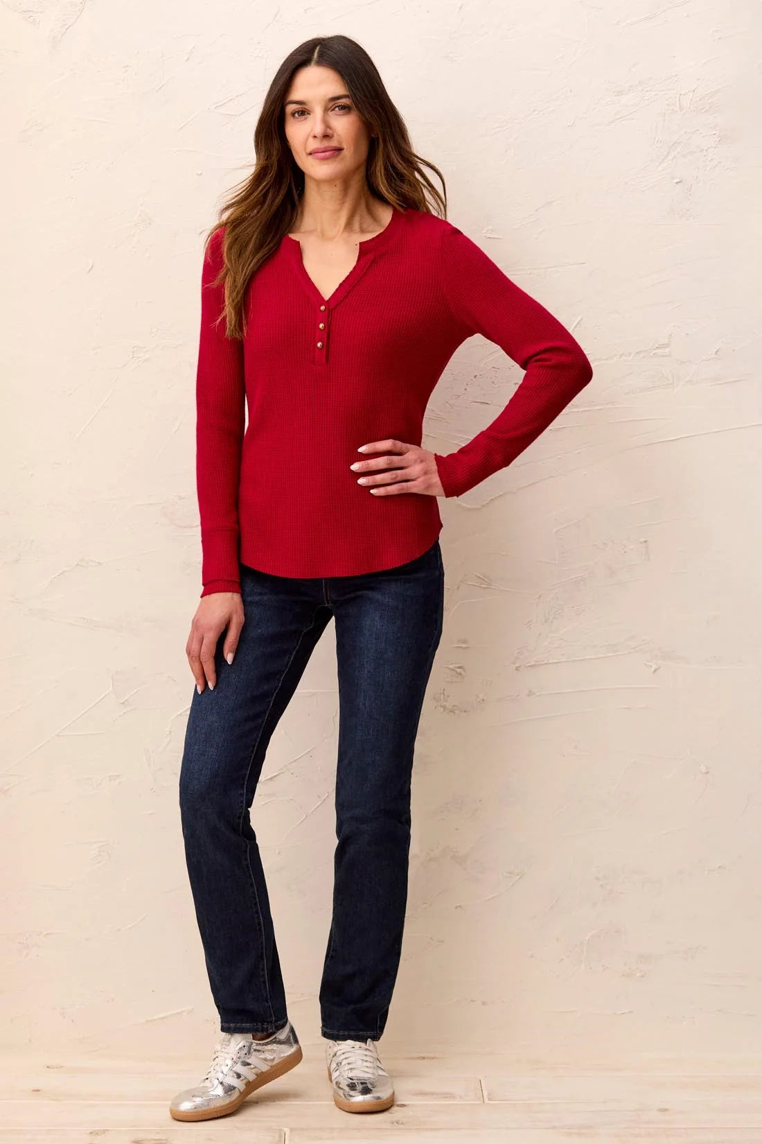 Tribal Brushed Waffle Knit Henley Long Sleeve Top